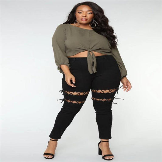 Women's Plus Size Fashion Eyelet Strap Jeans by GJG Denim