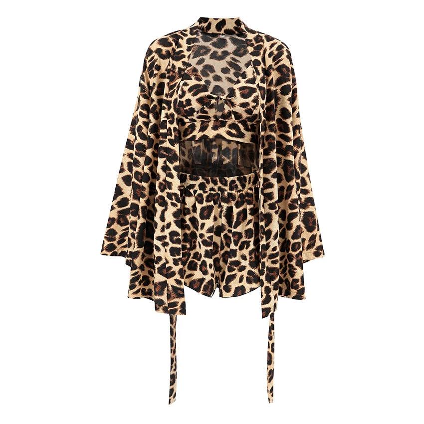 Leopard-print Camisole Cardigan And Short-sleeve Shorts Pajama Set by GJG Denim
