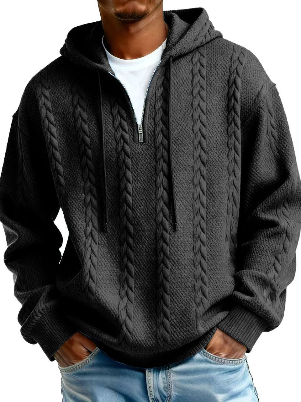Men's Half-zip Hooded Sweatshirt With Long Sleeves by GJG Denim