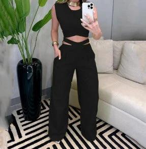 Backless Top Wide Leg Pants Yellow Set by GJG Denim