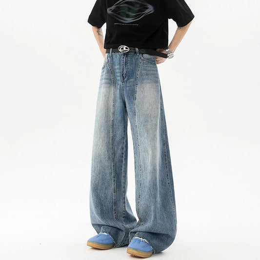 Retro Blue Denim Men's Loose Wide-leg Pants by GJG Denim