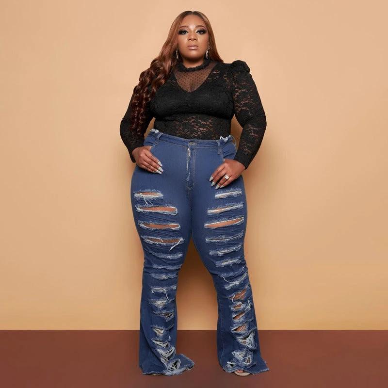 New Washing Trend Large Size Women's Torn Jeans by GJG Denim