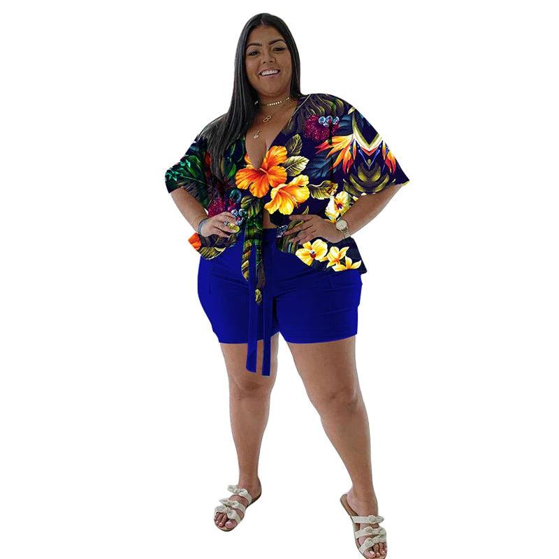 Women's Plus-Size Casual T-Shirt And Shorts Set With Print by GJG Denim