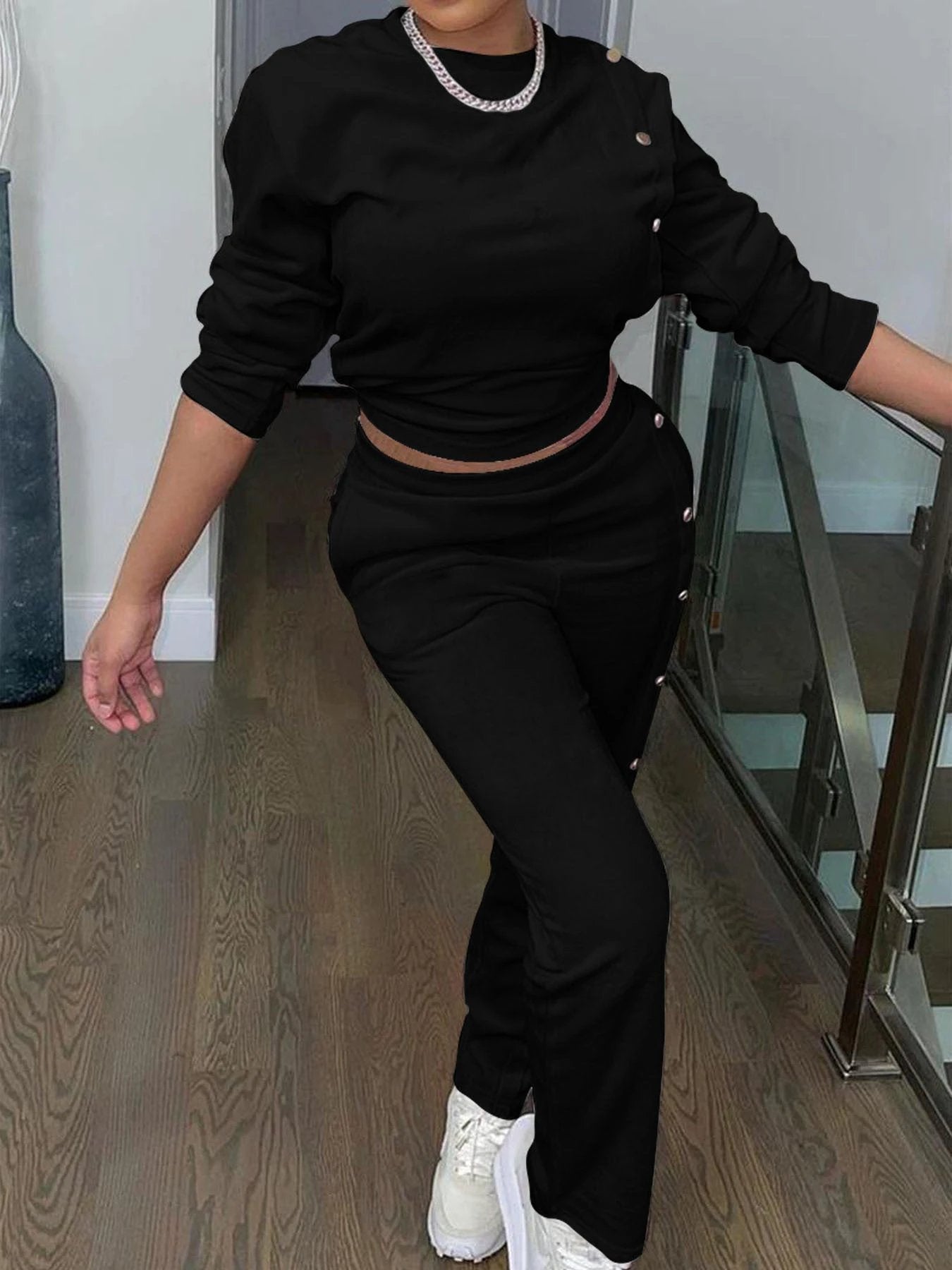 Stylish Casual Sweatshirt Set With Side Button Detailing by GJG Denim