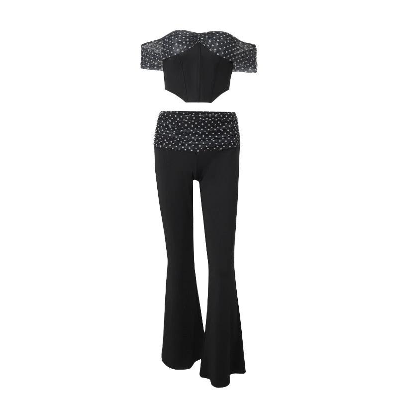 Retro Off-the-shoulder Top Low Waist Slim Flare Pants Suit by GJG Denim