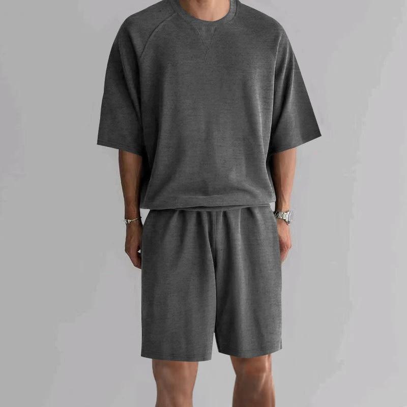 Men's Terry Casual Round Neck Sports Shorts Short Sleeve Two-piece Set by GJG Denim