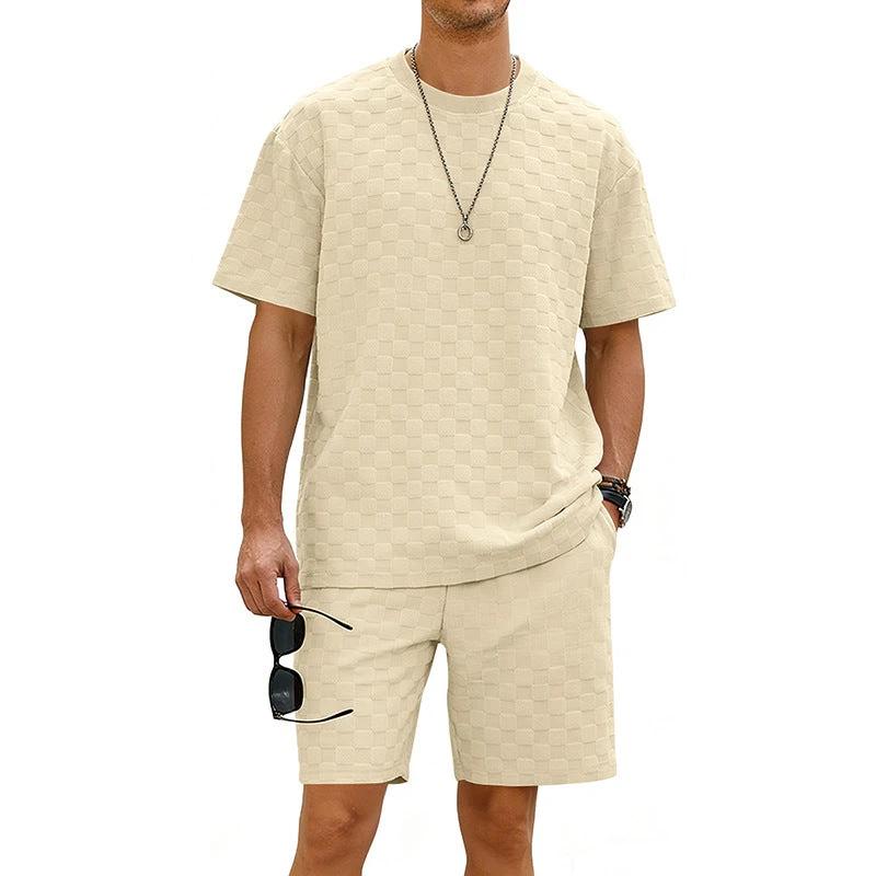 Checkered Mens Short-sleeve T-shirt And Casual Shorts Set by GJG Denim