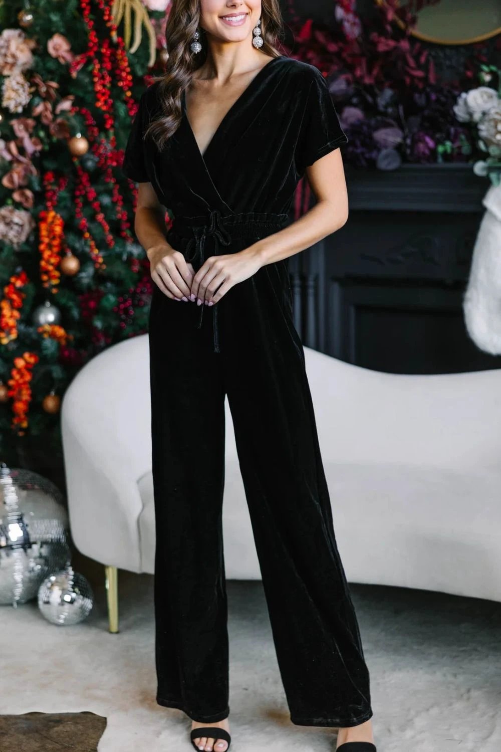Drawstring Surplice Short Sleeve Jumpsuit by Lady Ros