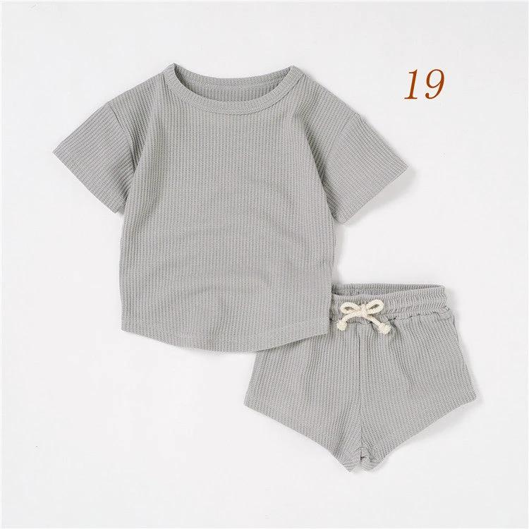 Children's Short-sleeved Suit Solid Color Baby Short Sleeve Two-piece Suit by GJG Denim