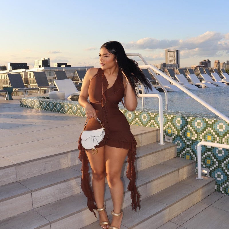 Low Necked Wooden Ear Edge Irregular Wrap Buttocks Short Dress by GJG Denim