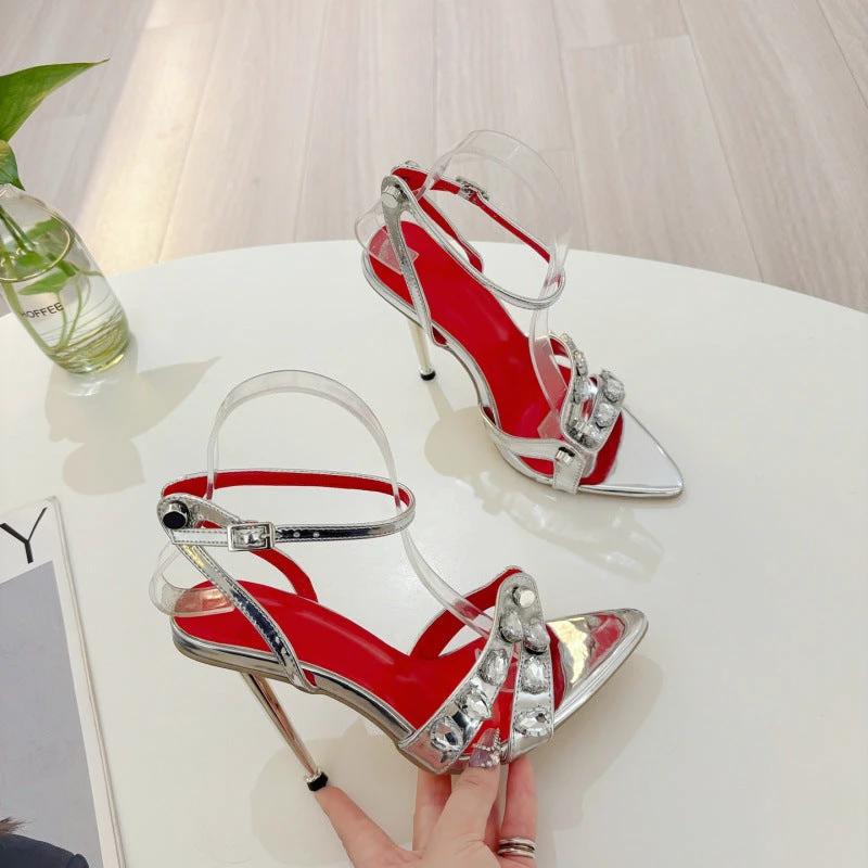 Pointed Toe Plated Stiletto Ultra High Heel Sandals Large Size by GJG Denim