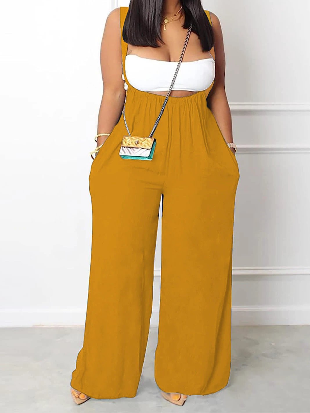 Plus Size Solid Color Pocket Overalls Casual Women's Pants by GJG Denim