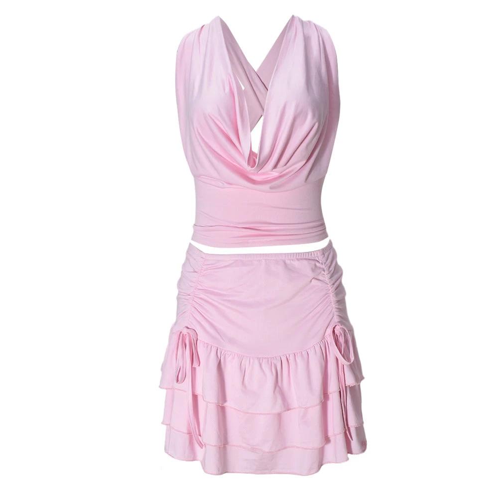 Women's Hollow Out Strap Top Cake Stretch Skirt Two-piece Set by GJG Denim