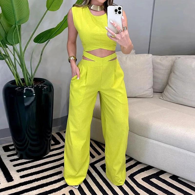 Backless Top Wide Leg Pants Yellow Set by GJG Denim