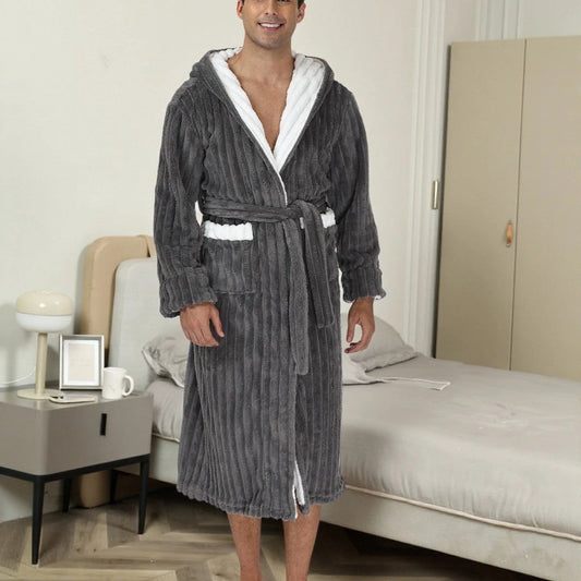 Men's Thick Flannel Long Hooded Bathrobe by GJG Denim