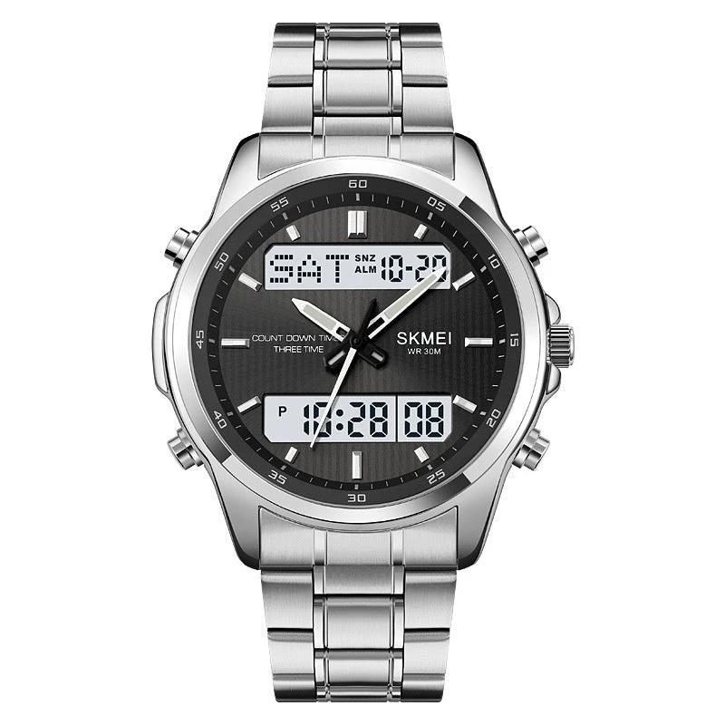 Multifunctional Men's Steel Strap Watch Double Display by GJG Denim
