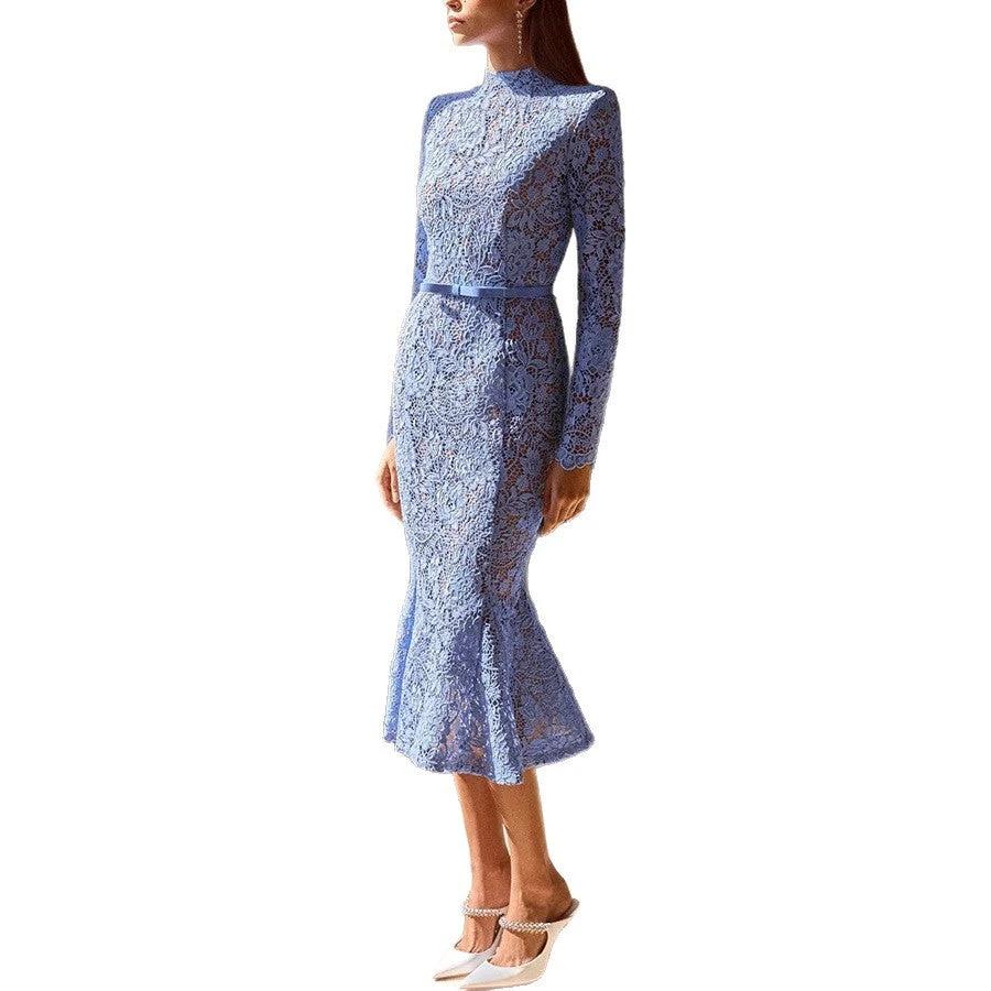 Slim Fit Slimming See-through Lace Hollow Belt Long Sleeve Fishtail Dress by GJG Denim