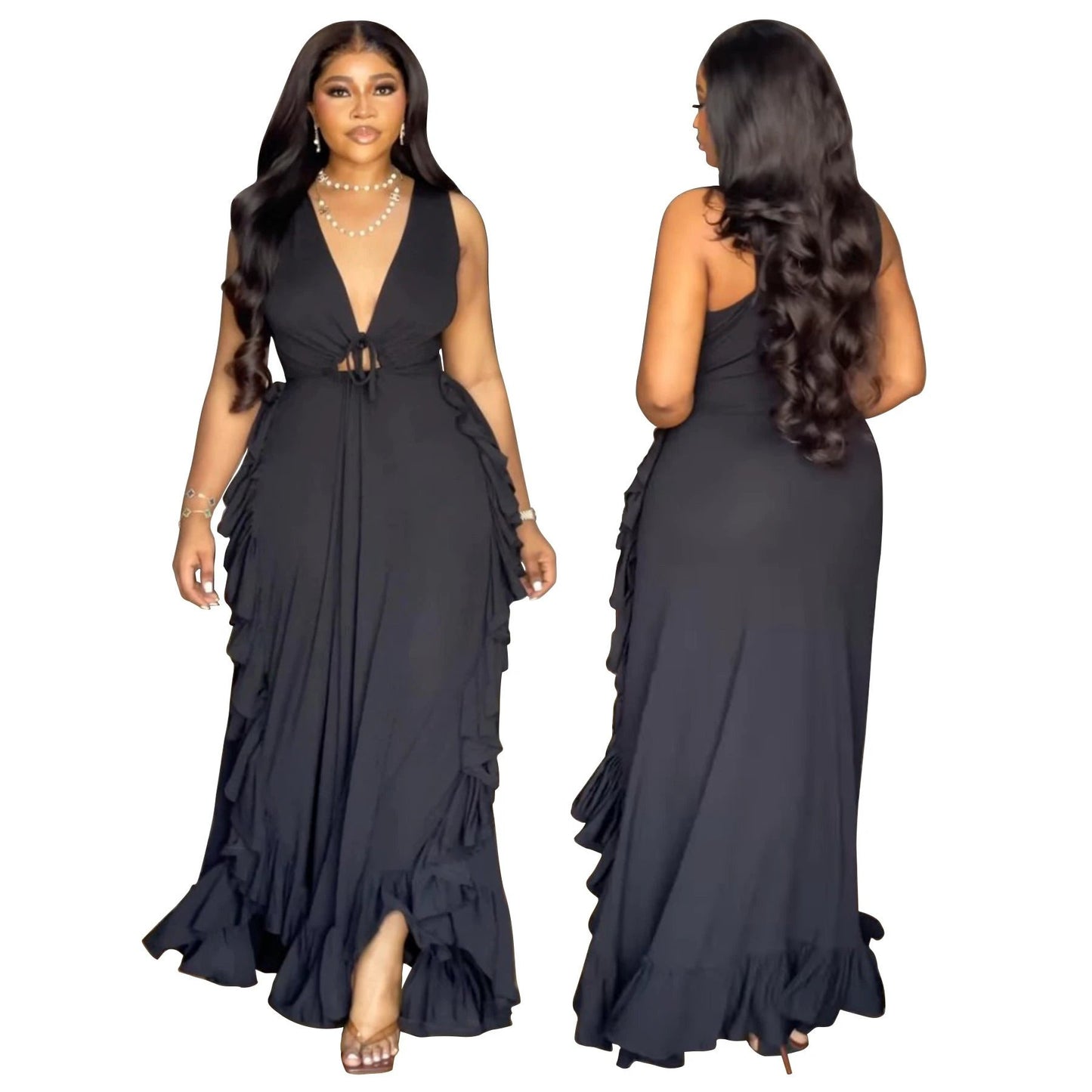 Ruffled High Waist Crop-top Spaghetti-strap Plus Size Dress by GJG Denim
