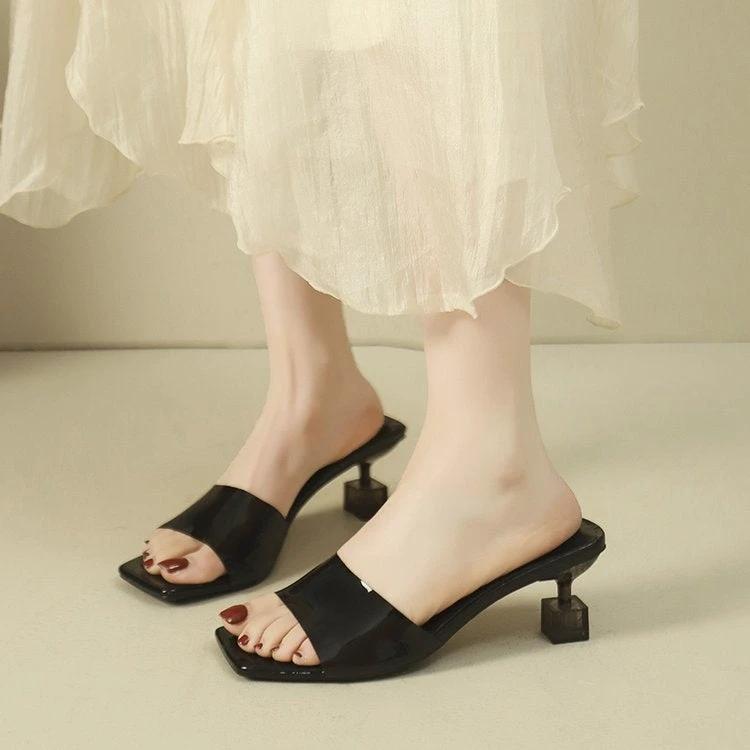 French Style Crystal Thin Heel Square Toe One-Strap Sandals For Women, New Transparent High Heel Slide Sandals Outdoor Wear by GJG Denim