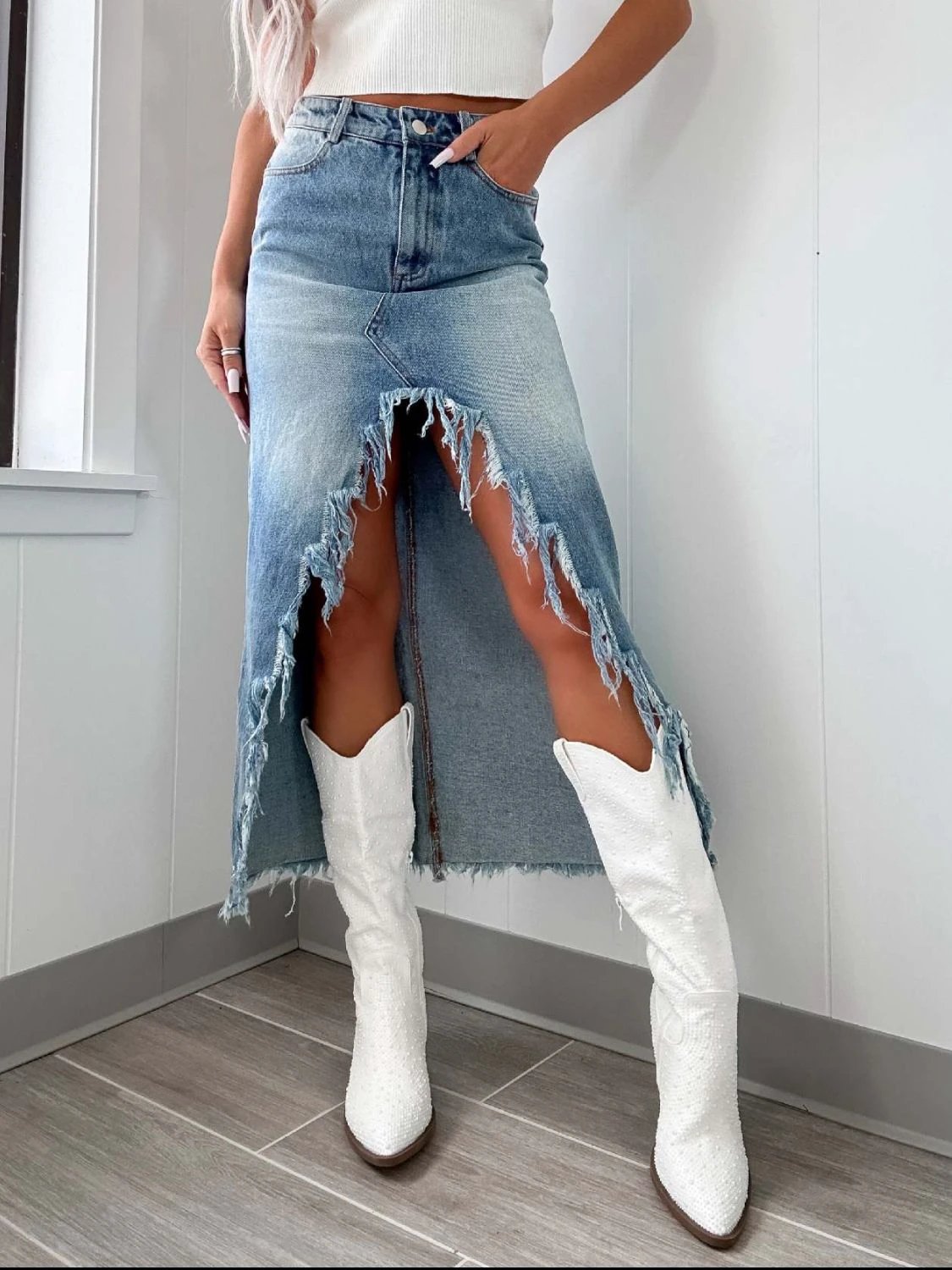 High-Waist Raw Hem Asymmetry Denim Skirt by Lady Ros