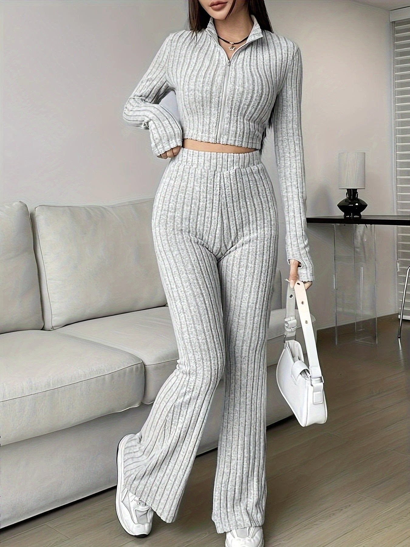 Fashionable Solid-Color Ribbed Two-Piece Set Zip-Up Long-Sleeve Cropped Top And High-Waist Flare Pants Suit by GJG Denim