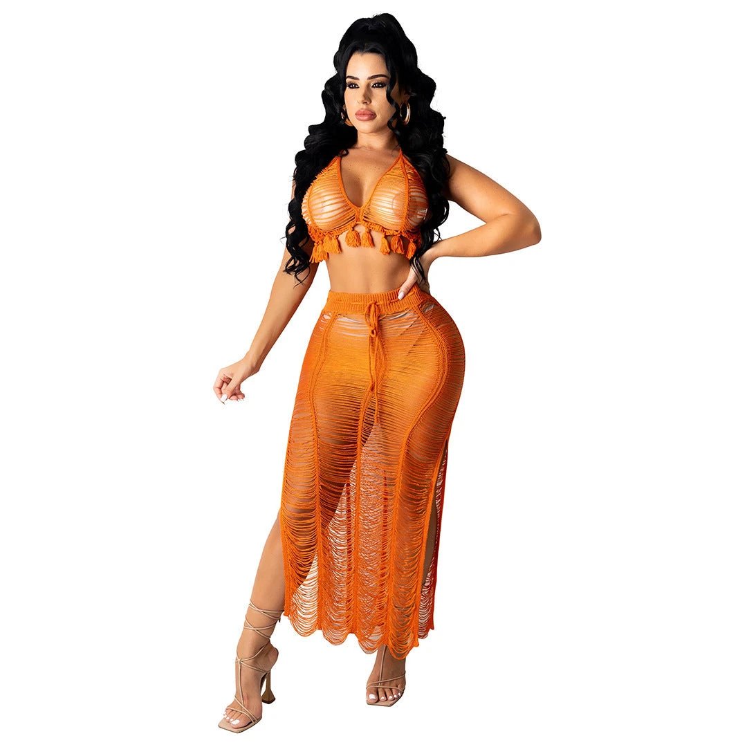 See-through Tassel Knitted Beach Skirt Suit by GJG Denim