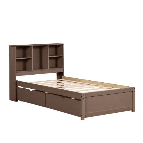 Modern Twin Size Bed Frame With Built-in USB Port On Bookcase Headboard And 2 Drawers Walnut Color by GJG Denim