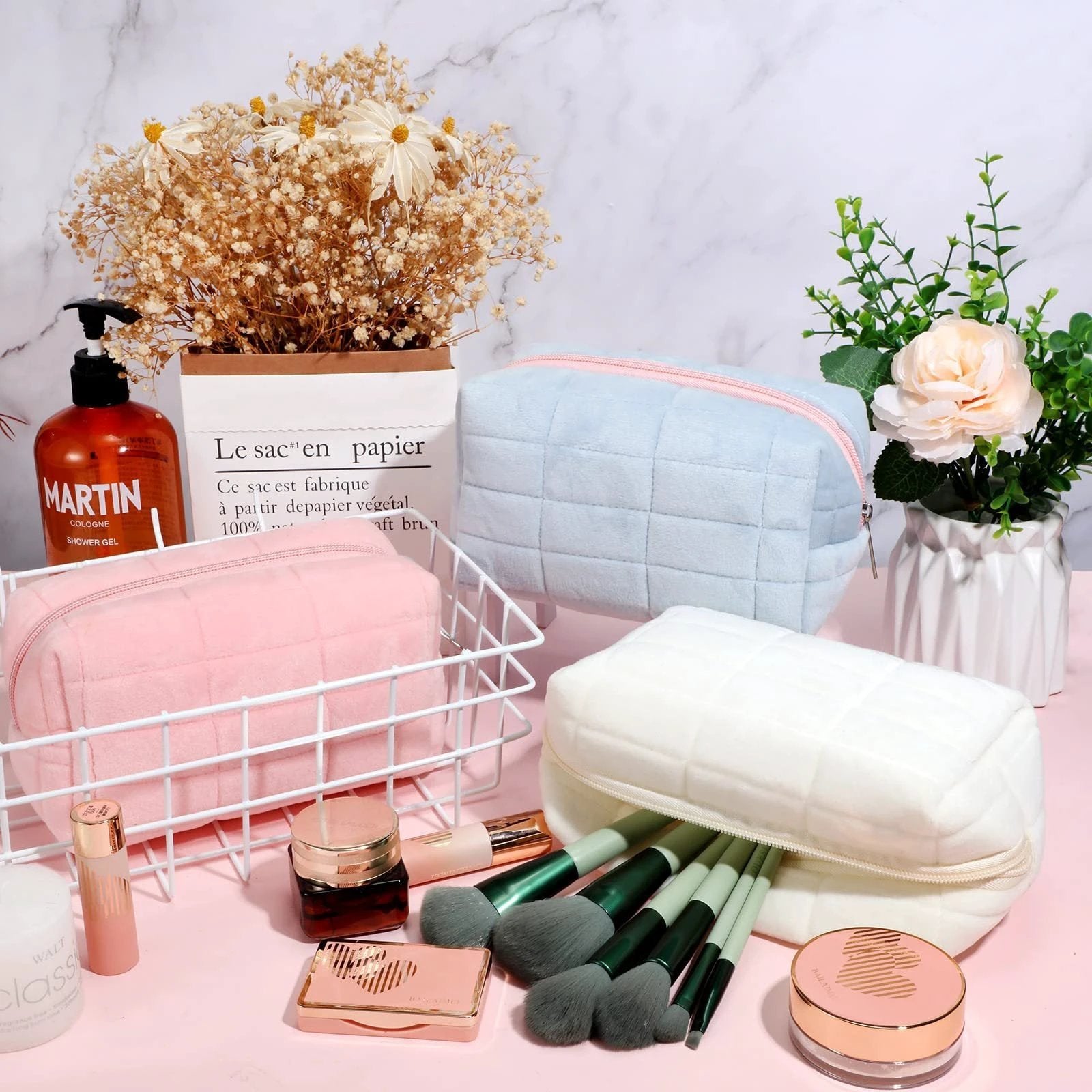 Plush Makeup Bag Checkered Cosmetic Bag Cosmetic Travel Bag Large Zipper Travel Toiletry Bag Portable Multi Functional Capacity Bag Cute Makeup Brushes Storage Bag For Women by GJG Denim
