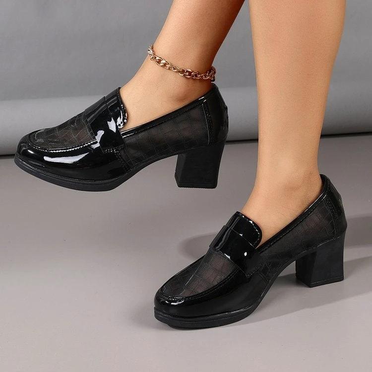 2026 Summer Women's Mesh Breathable High Heels, Hollow Soft Leather Pumps, Mid-Heel Chunky Heel Office Shoes With Soft Sole by GJG Denim