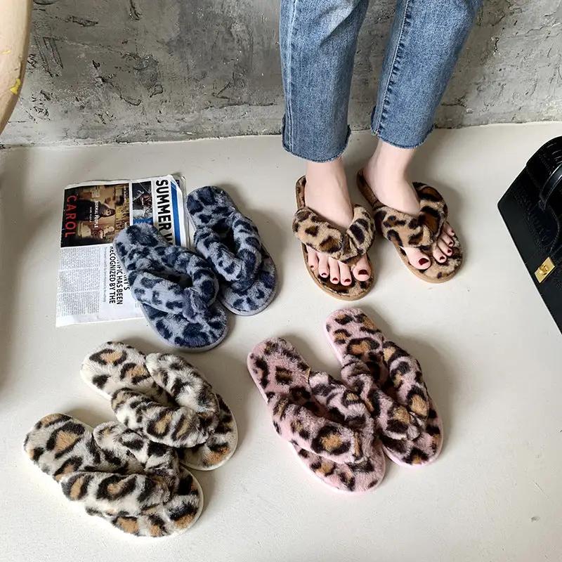 New Leopard Cross Fluffy Slippers Women's Home Indoor Fashion Plush Cotton Slippers Flip-flops Women by GJG Denim
