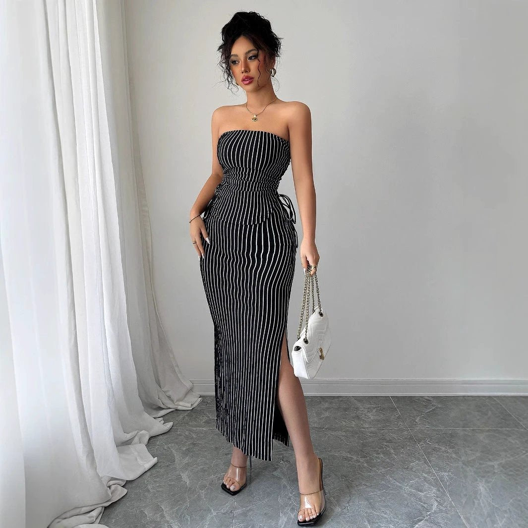 Women's Casual Striped Strapless Tube Top And Sheath Skirt Set by GJG Denim