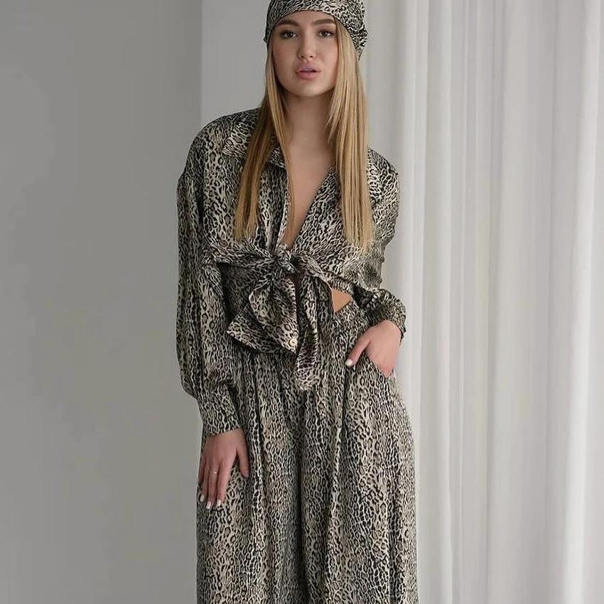 Fashionable Leopard Print Loose Ice Silk Pajamas For Women by GJG Denim