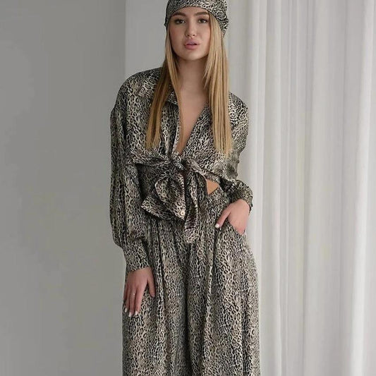 Fashionable Leopard Print Loose Ice Silk Pajamas For Women by GJG Denim