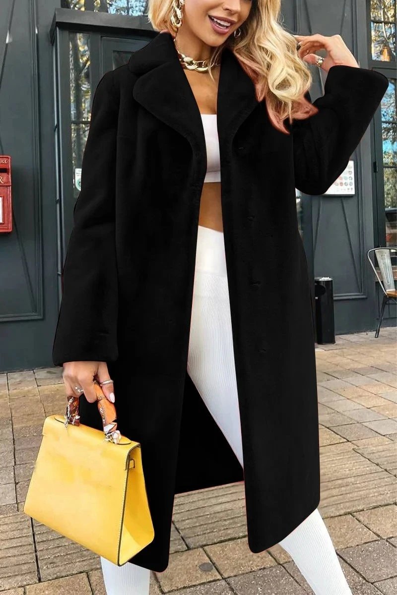 Women's Fashionable Elegant Lace-up Turn-down Collar Plush Long Coat by GJG Denim