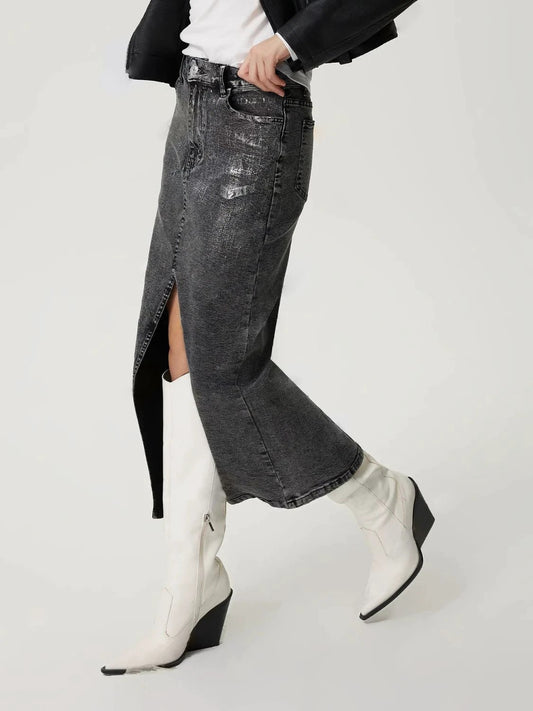 Slit Midi Denim Skirt with Pockets by Lady Ros