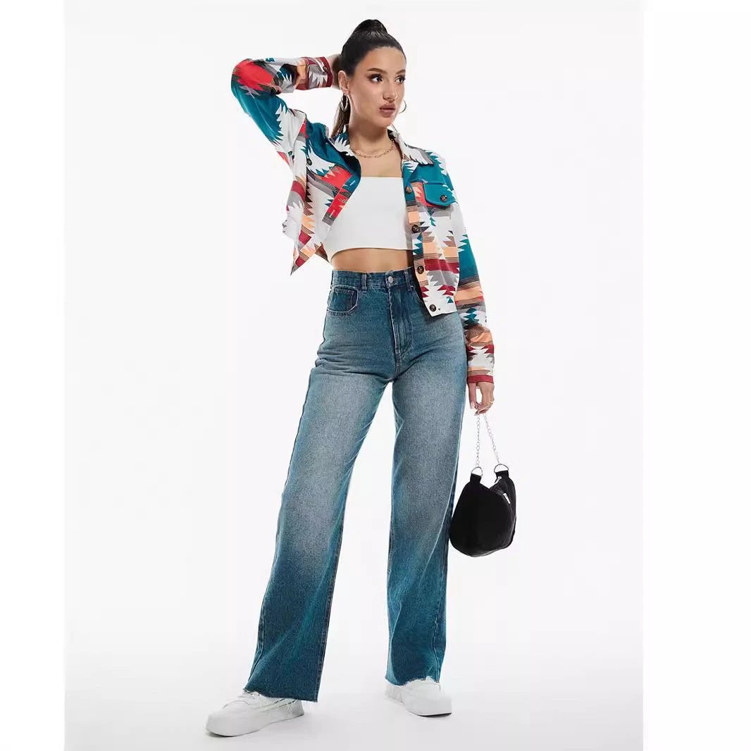 Coat Printing Long Sleeve Short Top by GJG Denim