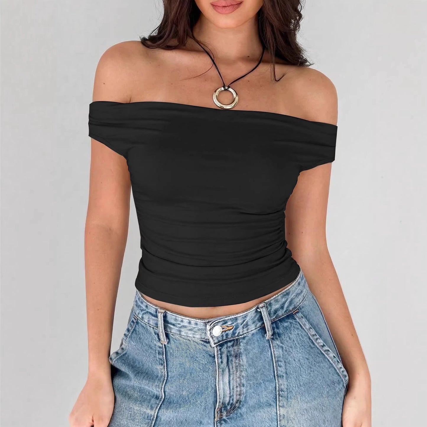 Off-shoulder Spicy Girl Base T-shirt For Women by GJG Denim