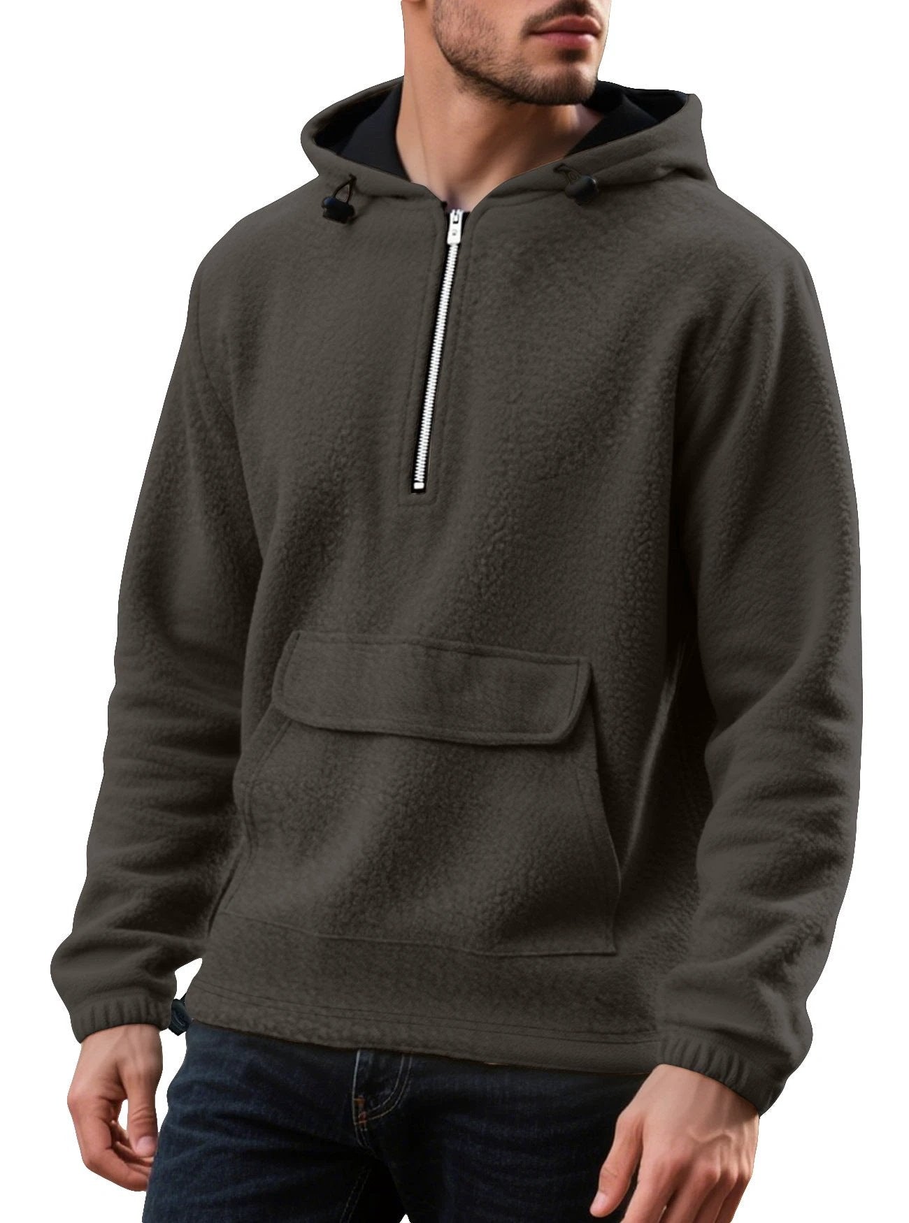 Men's Padded Fleece Solid Color Half Zip Hooded Pullover Sweater by GJG Denim