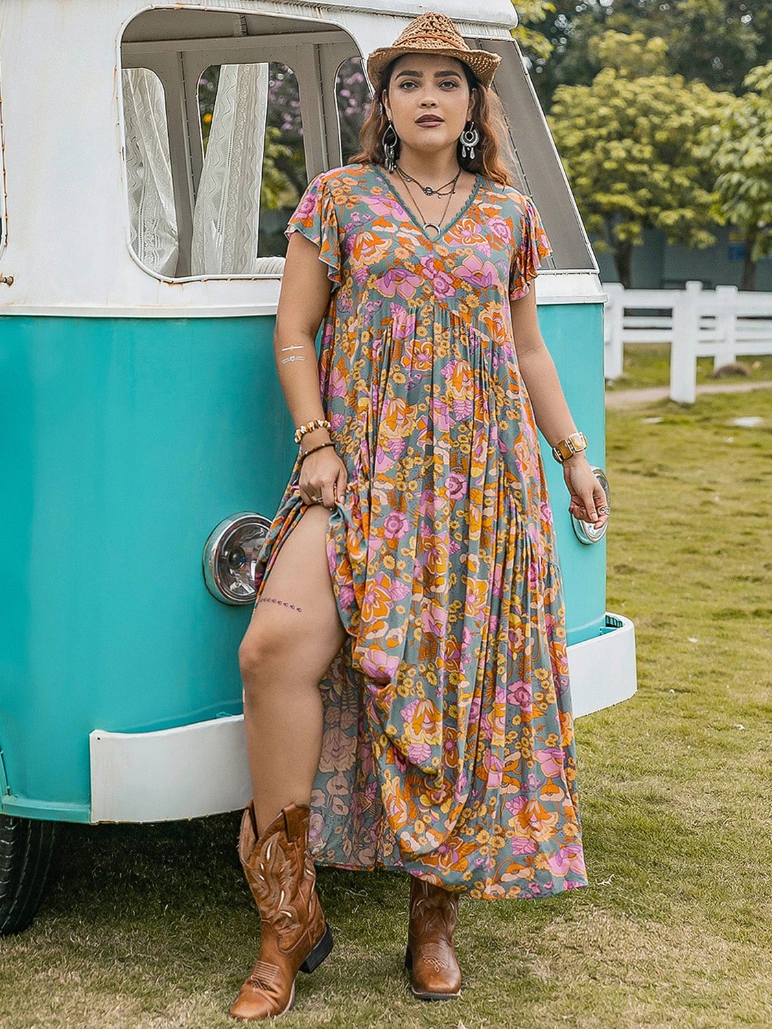 Plus Size Ruffled Printed Cap Sleeve Dress by Lady Ros