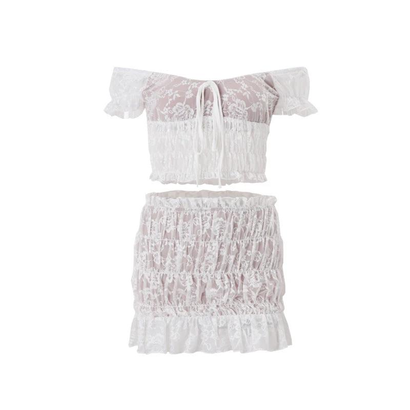 French Cropped Lace Top Temperament Sheath Skirt Outfit by GJG Denim