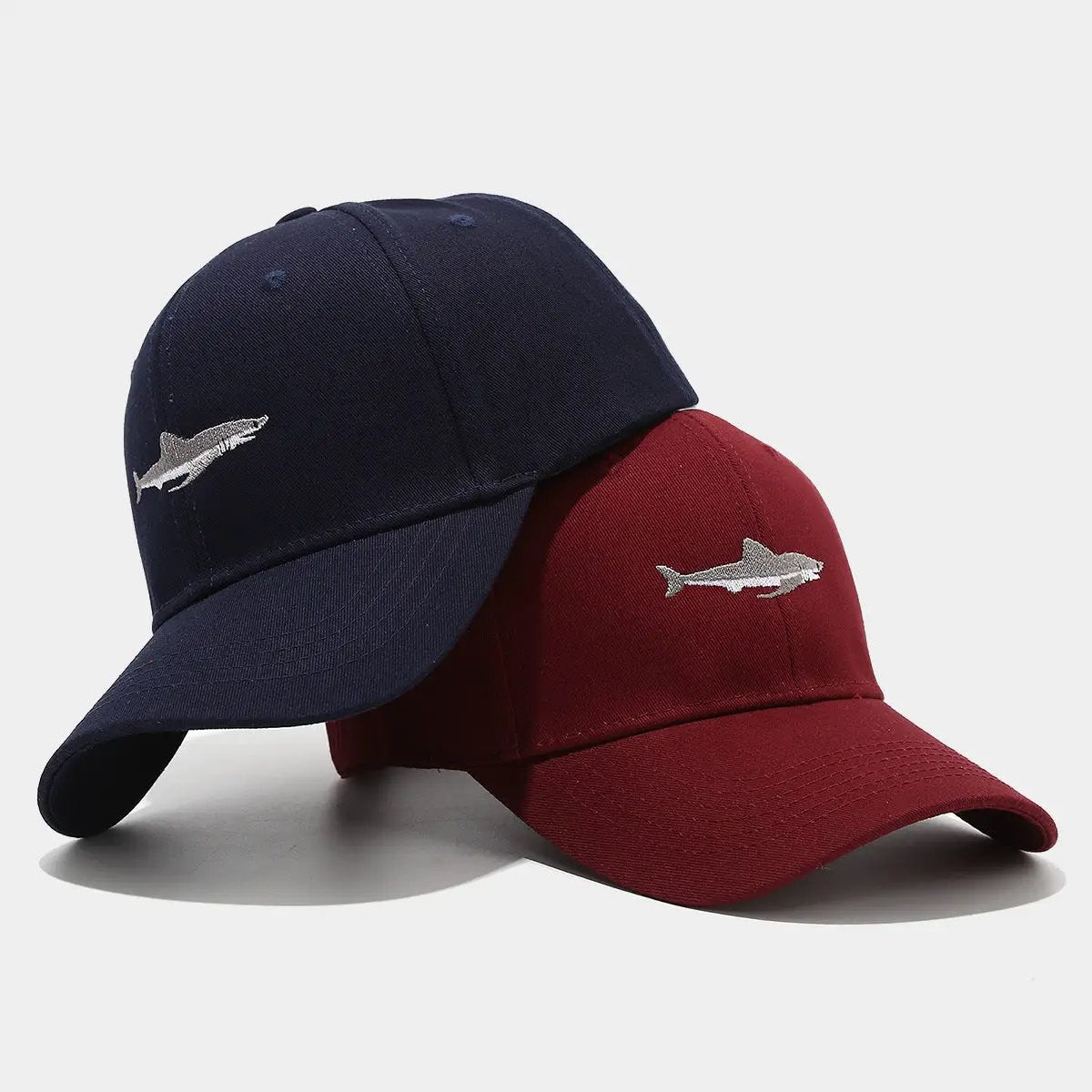 Solid Color Curved Brim Cotton Hard Top Shark Embroidered Baseball Cap For Men by GJG Denim