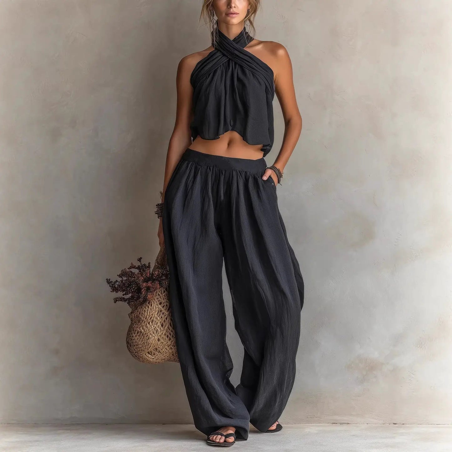 Womens Loose-Fit Sleeveless Top And Wide-Leg Pants Two-Piece Set by GJG Denim