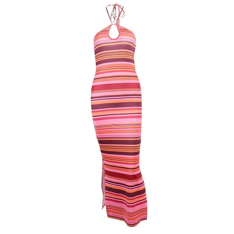 Striped Contrast Long Dress Sexy Halter Strap Backless Wrap Chest Slit Dress by GJG Denim
