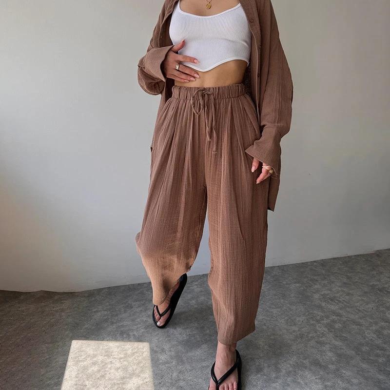 Women's Solid Color Lapel Collar Long Sleeve Shirt & High-Waist Pants Set - Casual Loose Fit Spring&Summer Outfit by GJG Denim