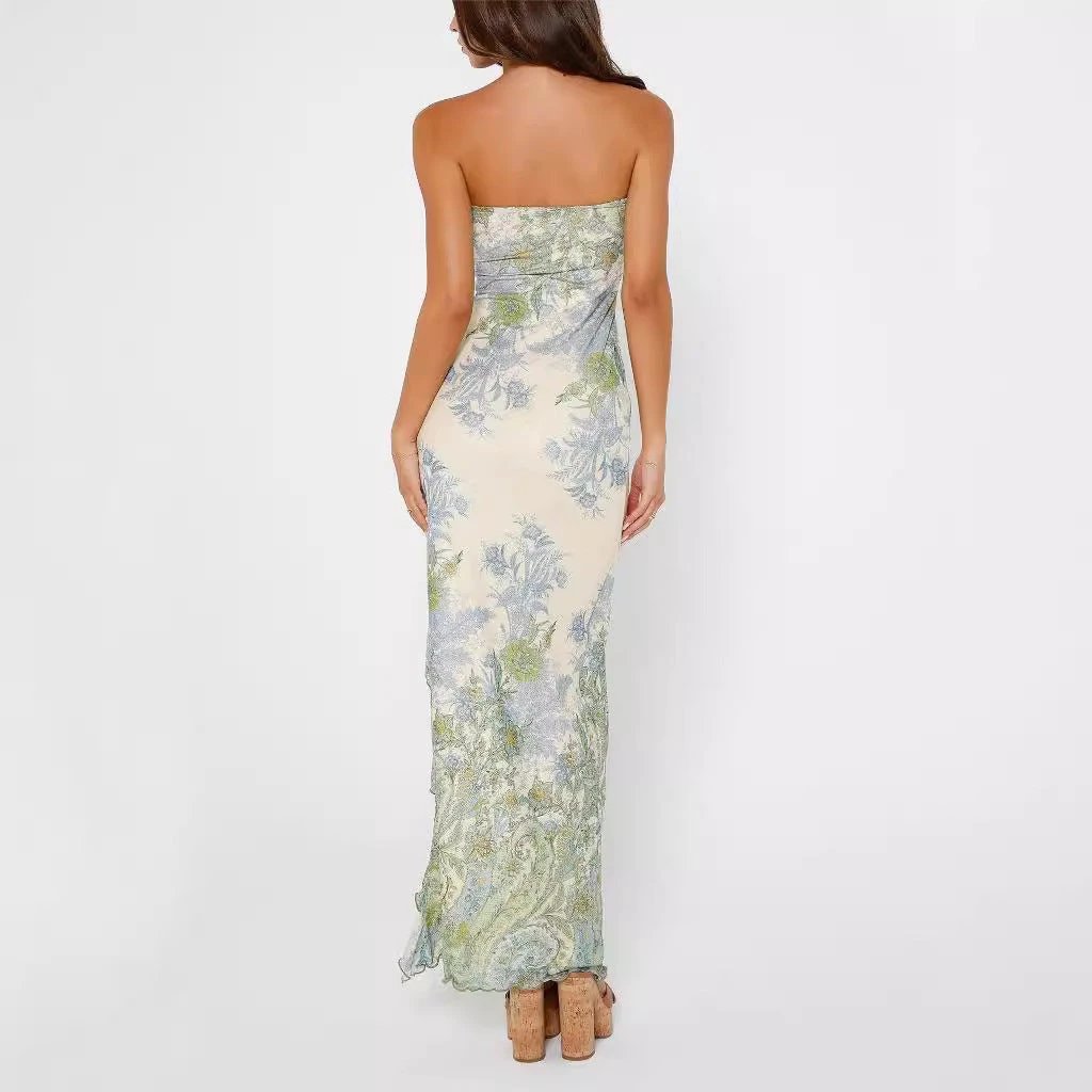 Printed Thigh Split Tube Top Dress by GJG Denim