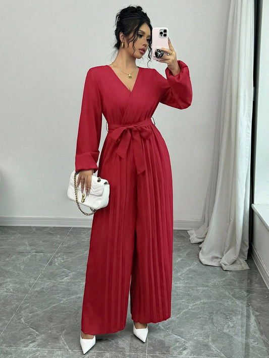 Casual Lace-up Solid Color Cross High Waist V-shaped Pleated Jumpsuit by GJG Denim