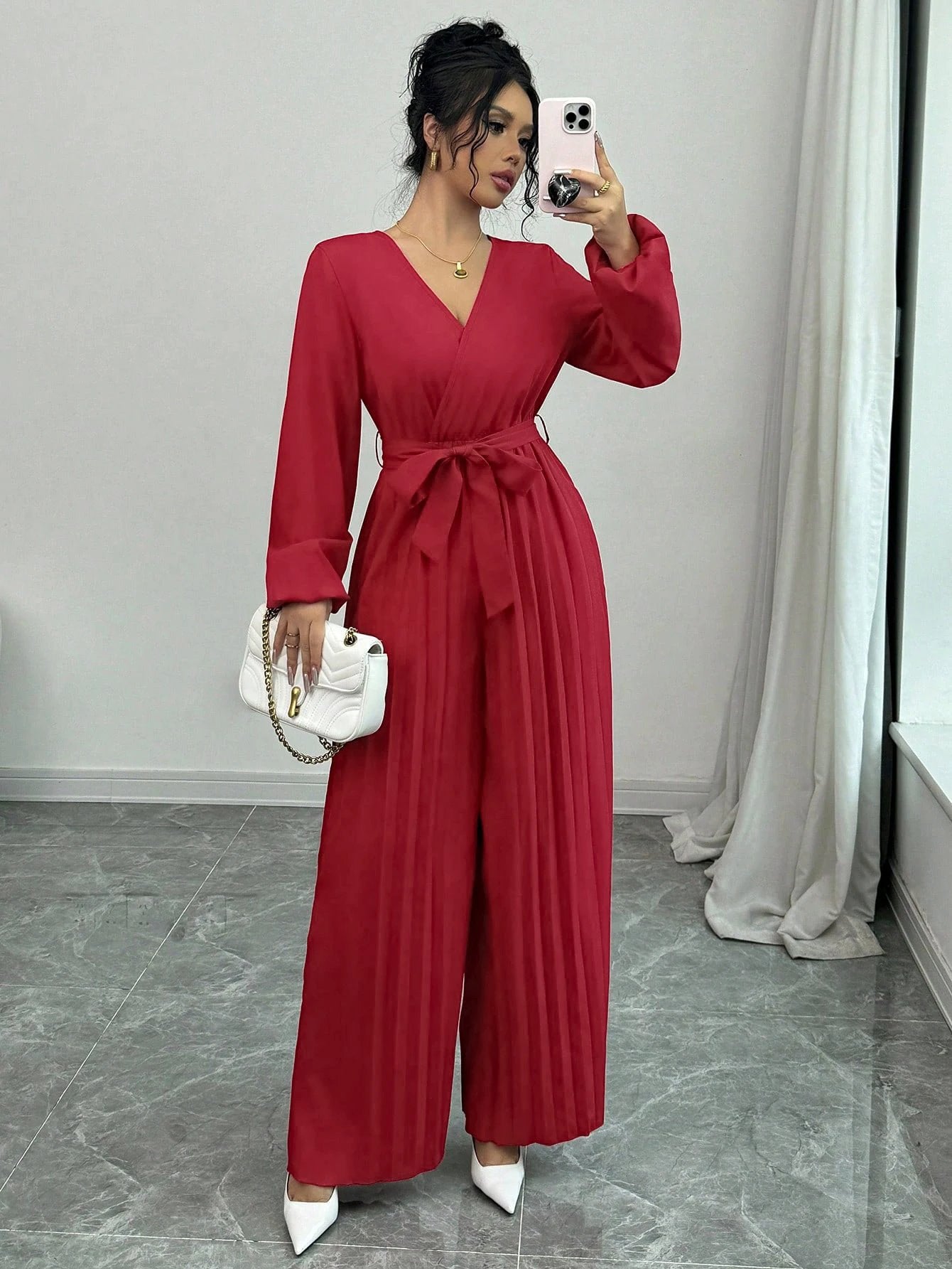 Casual Lace-up Solid Color Cross High Waist V-shaped Pleated Jumpsuit by GJG Denim