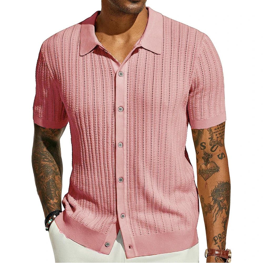 Summer Cool Knitted Men's Shirt Short Sleeved Lapel Solid Color by GJG Denim