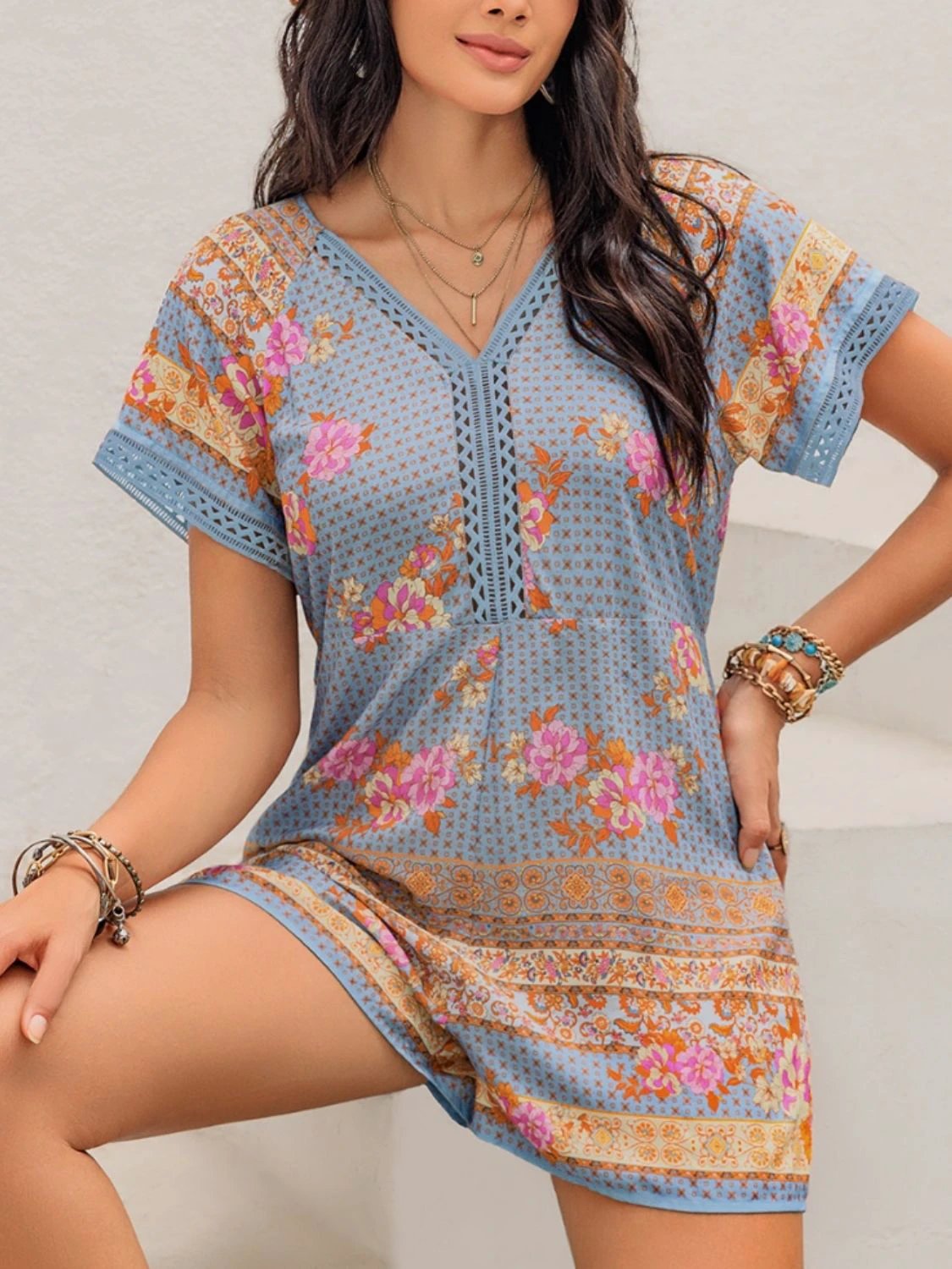 Printed V-Neck Short Sleeve Romper by Lady Ros