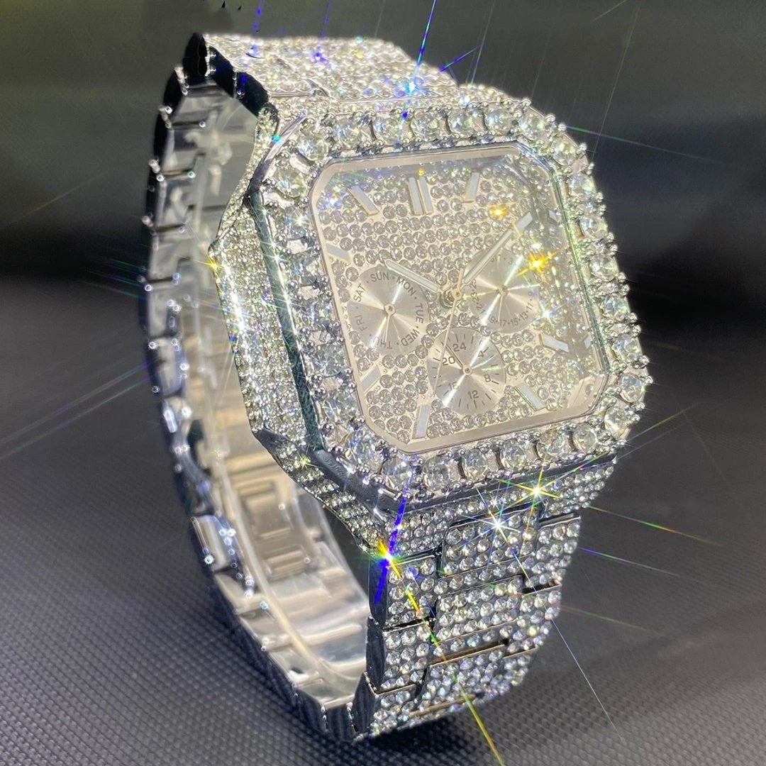 Men's Watch Square-shaped Fully Diamond-encrusted Multi-functional by GJG Denim